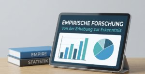 ablet mit Statistiken zur empirischen Forschung neben Fachbüchern auf einem Tisch