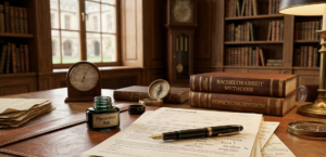 Tisch mit Füller, Tinte Papier und Büchern